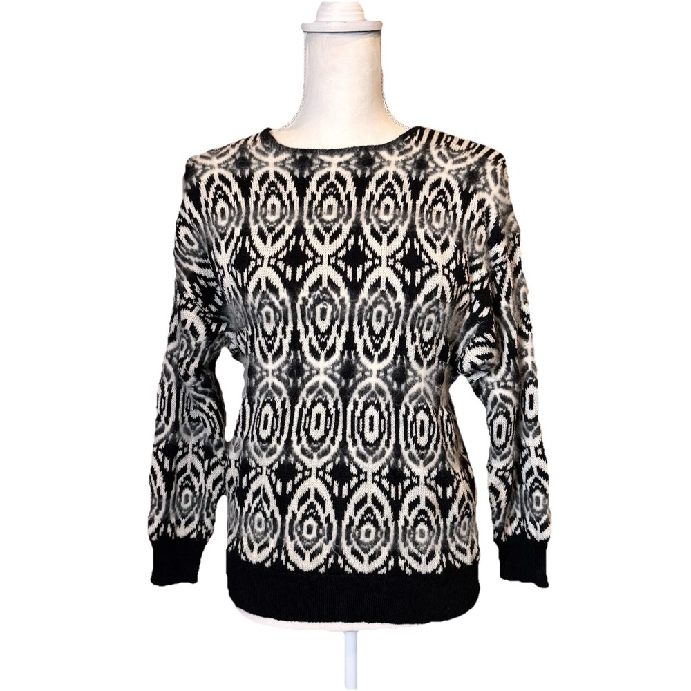 Vintage Bonwit Teller Small Black White Angora Blend Ikat‎ Sweater